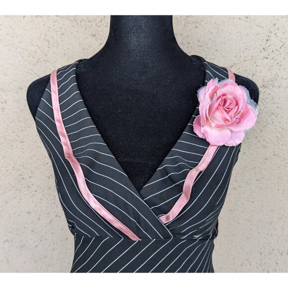💜Pinstripe Halter Dress with Pink Rose Accent - Picture 3 of 13